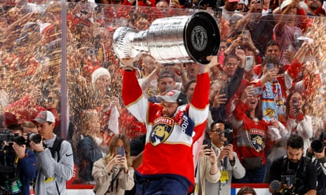 Florida Panthers captain Aleksander Barkov lifts the Stanley Cup after their 2-1 victory against the Edmonton Oilers in Game Seven of the 2024 Stanley Cup Final at Amerant Bank Arena in Sunrise, Florida on 24 June 2024.