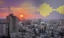 Smoke rises after Israeli attacks during the sunset in Gaza City, with yellow sound wave form graphic