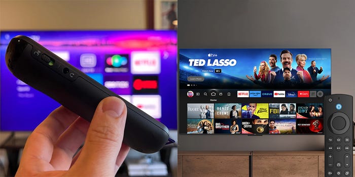 A side-by-side composite image of a Roku remote held in front of a Roku TV next to an image of a TCL Q65 TV and an Amazon Alexa remote.