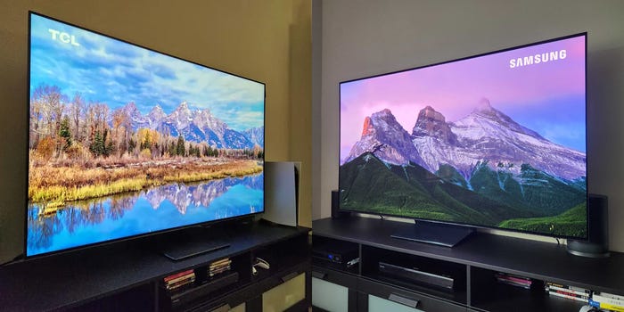 An original side-by-side composite image with a photo of a TCL QM7 TV next to a photo of a Samsung S90D TV.