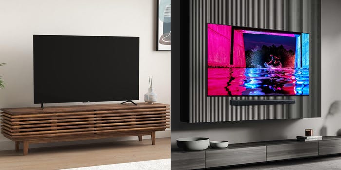 A composite image for best 55-inch TVs with a TCL S5 TV on a media console next to a photo of a Samsung S90D TV hanging on a wall.