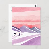 Pastel Watercolor Ski Mountain Sunset Postcard