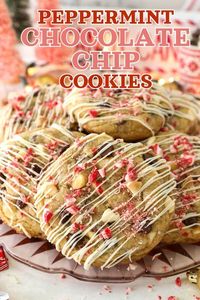 These peppermint chocolate chip cookies are soft and chewy, loaded with melty chocolate and peppermint crunch. The ultimate Christmas cookies! #peppermint #chocolatechip #cookies