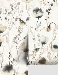 Soft and pastoral, this lovely neutral wallpaper is the perfect mix of transitional style in a watercolor floral pattern. Featuring light-reflecting vibrancy, the ethereal yet modern pattern works great in bedrooms and living spaces.