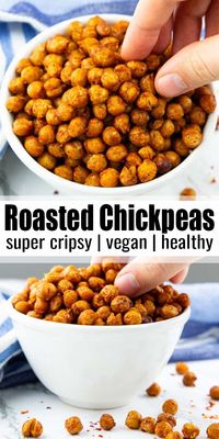 These roasted chickpeas make such a delicious and healthy snack! They're perfectly seasoned, a bit spicy, and super easy to prepare. They're perfect for parties, snacking in front of the TV, as a salad topping, and so much more!