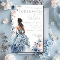 This exquisite design features a stunning brunette adorned in a graceful dusty blue gown, radiating elegance and sophistication amidst a backdrop of dusty blue roses and delicate pink flowers, accented with shimmering silver touches. Each detail captures the essence of a young woman stepping into her own, marking a momentous transition into adulthood. With its ethereal charm and captivating imagery, this invitation promises to set the stage for a celebration as enchanting as it is unforgettable.  You can transfer this delightful design onto a variety of products effortlessly. Simply scroll down to the designated section labeled 'Transfer Design to a Product' to seamlessly apply it to your preferred items. Need more products to complete your Quinceañera party theme? No problem! Feel free to