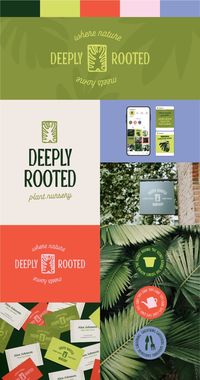 Brand identity for Deeply Rooted plant nursery. Modern colour palette, handmade logo with bold icons and social media design. Get your own at www.studioliquorice.com • Brand design, branding design, brand design inspiration, logo, logo design, logo design inspiration, brand identity, brand identity design, brand identity inspiration, visual identity, brand mood board, brand style board, brand guidelines, brand style guide, handmade logo, handmade design, handmade graphic design, greenhouse branding, plant nursery branding, plant nursery logo, plant logo, greenhouse logo