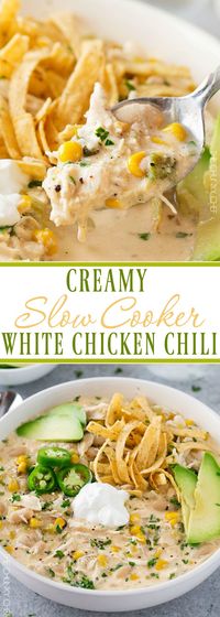 Slow Cooker Creamy White Chicken Chili | This creamy white chicken chili is made easy in the slow cooker, and has just the right amount of spice to warm up your night! | http://thechunkychef.com