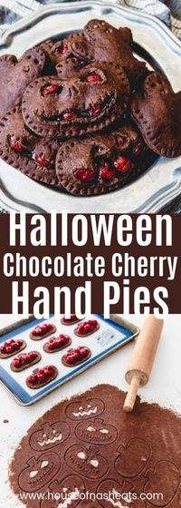 These Halloween Chocolate Cherry Hand Pies are an easy and frightfully fun treat to enjoy this October!  With a chocolate pastry crust cut out in Jack-O-Lantern shapes and canned cherry pie filling, this handheld dessert will be a hit at Halloween parties! #sponsored #halloweentreatsweek #chocolate #cherry #pie #handpies #halloween #treats #dessert #recipe #easy #pastry #crust #baked #dough #blackforest