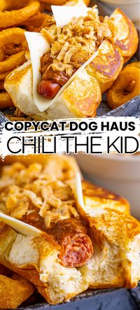 Bring home chili cheese dog perfection with this Copycat Dog Haus Chili the Kid recipe. Beefy & crunchy with a kick - it's the best bite! #BreadBoozeBacon #copycat #doghaus #chilithekid #chilicheesedog #hotdog #chili #cheese #chipotle #hawaiianrolls #easydinner #cookout #4thofjuly