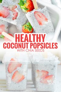 Try these Coconut Chia Popsicles made with coconut milk, chia seeds, coconut chips, fresh strawberries, and agave for a delicious and healthy tropical refreshment! These fruity popsicles are vegan and kid-friendly. Enjoy!