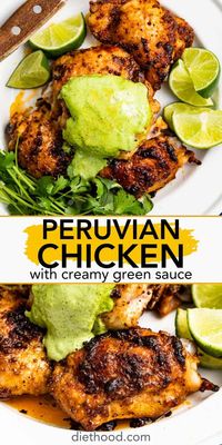 Peruvian Chicken, also known as pollo Peruano, is made by marinating chicken thighs in a mix of olive oil, lime juice, and spices and then roasting the chicken until juicy and crispy. It's served with a delicious creamy green sauce for added flavor.