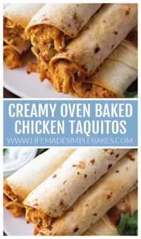 Creamy chicken taquitos are easy to make and incredibly moist and flavorful! Plus they're oven baked - no frying necessary! #creamychickentaquitos #chickentaquitos #ovenbakedtaquitos #bakedtaquitos #creamychickendinner