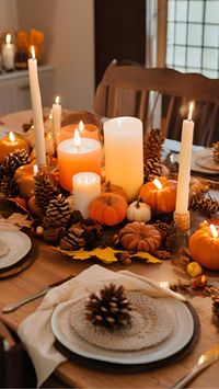 Create a warm fall gathering space with this autumn centerpiece of pumpkins, candles, and pinecones. Perfect for seasonal home decor!