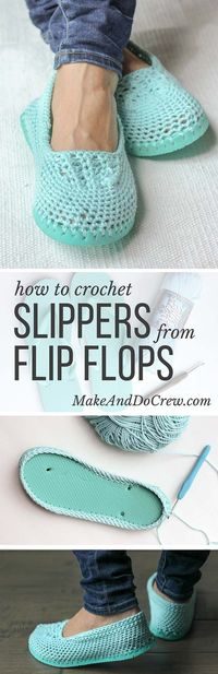 Cotton yarn and a flip flop sole make this free crochet slippers (or house shoes) pattern perfect for warmer weather. Click to get the full pattern. | MakeAndDoCrew.com