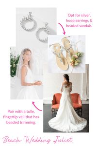 Our romantic Juliet Gown is the perfect option for a swoon-worthy beach wedding! Mirror the sparkle of the waves by choosing sparkly silver jewelry and beaded matching flat sandals. Match the sparkle from the accessories in a fingertip veil to complete the look! Check out our other styling boards or visit our website lookbooks for more wedding day styling inspiration!