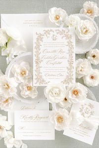 Classic composition meets an easy flowing script with our Camille Suite, giving a fresh approach to the traditional invitation design. We love this suite with a custom painting or drawing, but it pairs exquisitely with a monogrammed wreath or crest. Intentionally created with the Empress bride in mind, The Camille Suite is one you'll love for years to come.