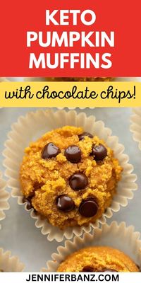 These Keto chocolate chip pumpkin muffins are marvelously moist and perfect for a sugar free treat. They are ready in about 25 minutes and make an amazing low carb breakfast or snack!