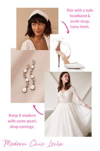 Keep your bridal look cool and modern, with some boho vibes! Long drop earrings and strappy heels add a modern touch. In lieu of a traditional veil, update your wedding day look with a tulle headband!