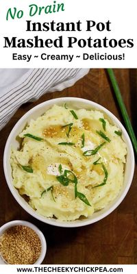 No drain Instant Pot Mashed Potatoes are the easiest, creamiest side dish you’ll ever try. Cooked in just one pot and seasoned with sesame oil and vegan butter, they turn out fluffy, creamy, and soft every time! #potaotes #instantpot #cheeky_chickpea_ #me #healthy #veganrecipeideas #vegan #food #love #like #recipes #veganrecipes #followme #follow #best #plantbased