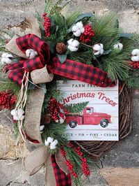 Red truck Christmas wreath, Christmas wreaths for front door, Farmhouse Christmas wreath, Rustic, Ch