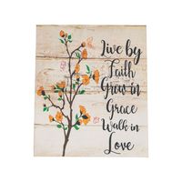 Invite warmth into your faith filled home with this lovely wall sign. Featuring an inspirational quote and a floral design, this piece of home décor is perfect for displaying in your kitchen, living room or entryway. Gift it to a new homeowner as a housewarming present or to a loved one for their birthday! Wood. 11" x 13" Includes hardware for hanging.