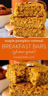 Maple Pumpkin Oatmeal Breakfast Bars are a delectable gluten-free breakfast or snack recipe that's flavored with pumpkin pie spice and pure maple syrup. Healthy, easy, and delicious. | iowagirleats.com