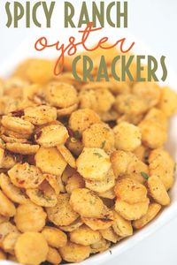 These spicy ranch oyster crackers are the perfect go to snack that the whole family will enjoy. With only 4 ingredients and 25 minutes from start to finish you can have these in no time. #crackers #ranch #footballfood #partyfood #superbowlfood #snacks #easyrecipes #oystercrackers