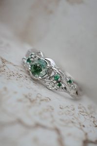 Moss agate & natural emeralds ring / Japanese Maple