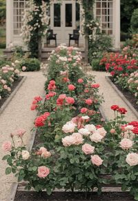 Add a touch of elegance to your garden house with a formal rose garden. Use symmetrical planting, fragrant roses, and manicured pathways for a classic look.