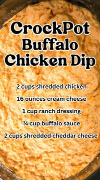 The best asy crockpot buffalo chicken dip recipe made with cooked shredded chicken, cream cheese, cheddar cheese, ranch dressing, and buffalo sauce. The perfect smooth and creamy slow cooker dip party dip recipe for any occasion. #slowcooker #buffalochicken #chickendip #diprecipes #partydip