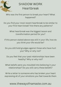 Heartbreak  Understand yourself on a deeper level by answering these carefully curated shadow triggering questions.  Hi I’m Lovie. I am a shadow worker and Inner child healer. For more- check out my profile🌙