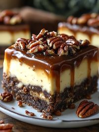 Caramel Pecan Turtle Cheesecake Bars - SavorySplash