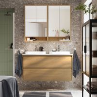 ÄNGSJÖN / BACKSJÖN Bathroom vanity with sink & faucets, oak effect, 49x21 1/2x28 1/4 ". ÄNGSJÖN bathroom furniture has a modern appeal with minimal details. This wash-stand with 2 semi-recessed wash-basins and countertop creates a personal and stylish centerpiece in your bathroom. Frame/ Middle rail/ Bottom panel/ Drawer divider/ Drawer sides/ Drawer back: Particleboard.