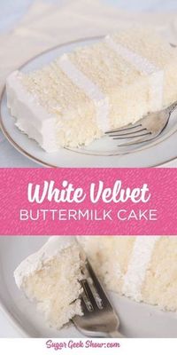 This white velvet buttermilk cake recipe is my FAVORITE cake recipe out of all of them. Yes even better than my famous vanilla cake recipe! The texture of this cake is simply out of this world. Tender, fluffy and the most amazing flavor from the buttermilk. I pair this moist cake with my ermine frosting and get rave reviews! #whitecake #vanillacake #buttermilkcake #cake #cakedecorating #sugargeekshow