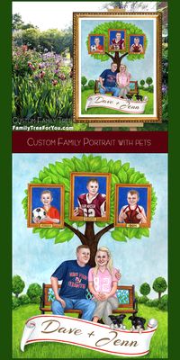 Personalized 1 year paper wedding anniversary gift for wife. Give her your own custom Family Tree Illustration featuring your couple portrait as well as portraits of your family (your children, parents, siblings, family pets, etc). You can also add your names and wedding date to the banner and even include your house to the background. #personalized #1yearanniversary #paperanniversary #giftsforwife #giftsforher #custom #familytree #coupleportrait #illustration