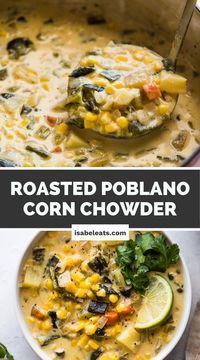 This creamy Roasted Poblano Corn Chowder combines freshly roasted poblano peppers, sweet corn, potatoes, and Mexican seasonings for a dose of comfort in a bowl. It's an easy, filling, and vegetarian-friendly recipe perfect for weeknight dinners.