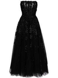 black tulle overlay organza/velvet hearts bead embellishment square neck concealed rear zip fastening strapless long length straight hem