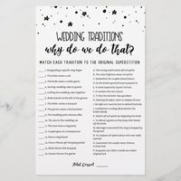 Purchase this game and enjoy high quality Wedding traditions card for your event!  Why do we do that? Black and White design.  ANSWERS: 1-F, 2-K, 3-E, 4-P, 5-C, 6-I, 7-A, 8-H, 9-N, 10-B, 11-G, 12-J, 13-M, 14-O, 15-D, 16-L