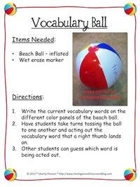 Spanish activities: This idea could be used to practice Spanish verbs - kids toss the ball to each other and act out the verb their thumb is touching. Spanish vocabulary could include: saltar, sentarse, correr, llorar, cantar, bostezar, bailar, etc. http://theorganizedclassroomblog.com/index.php/ocb-store/view_document/216-beach-theme-activities-sampler-pack