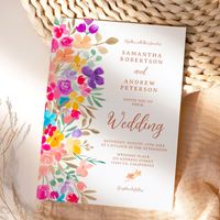 A modern, delicate hand painted garden wild flowers in bright hues, pink, red, blue, yellow and green, with an elegant brush script font to celebrate your summer outdoor wedding in style. Add your photo at the back!