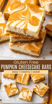 Pumpkin Cheesecake Bars take all the things you love about fall and fold them into a pumpkin-swirled, dreamy cheesecake filling on a crisp gluten-free cookie crust. The perfect handheld dessert for a Halloween party or a sweet after-school treat!