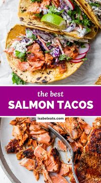 These 20-minute Weeknight Salmon Tacos are made with chili-rubbed pan-seared salmon and topped with a fish taco slaw on warm tortillas.