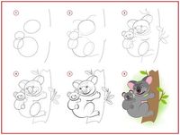 Page shows how to learn to draw step by step cute toy koala with baby. developing children skills for drawing and coloring. printable worksheet for kids school exercise book. flat vector illustration.