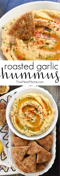 Roasted Garlic Hummus ~ mellow roasted garlic is blended with chickpeas, tahini, olive oil, and lemon juice for a fresh, creamy hummus that's delicious with homemade pita chips or crunchy veggie dippers! | FiveHeartHome.com