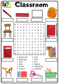 Classroom Objects Vocabulary Word Search and Word Match For Kids