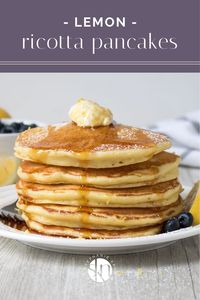 These lemon ricotta pancakes are light, fluffy, and bursting with lemon flavor! Serve them on their own or topped with blueberries.