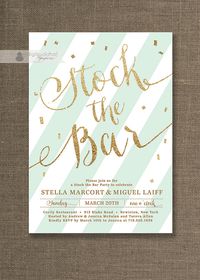 Gold Glitter Stock the Bar Invitation Engagement Party Stripes Mint Gold Confetti Sprinkle Modern Printable Digital or Printed- Stella Style...