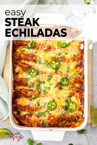 This easy steak enchiladas recipe is a combination of thinly sliced steak, onions and black beans wrapped up in flour tortillas. Topped with your favourite enchilada sauce and melty cheese, it is a delicious and hearty family meal.