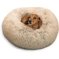 DONUT PET BED; 23in round dog bed for pets up to 25lbs; this includes breeds such as small Terriers, Daschund, Pomeranian, Shi Tzu, Pug, Chihuahua, all Toy Breeds etc

CALMING COMFORT DESIGN; round shape and 7in tall bolster make this the perfect bed for cuddling up and burrowing, helping to calm dog anxiety and provide a sense of security while your pet sleeps

LOFTY AND SUPPORTIVE; filled and finished in the USA with premium high loft and high density polyfill for long-lasting support and comfort